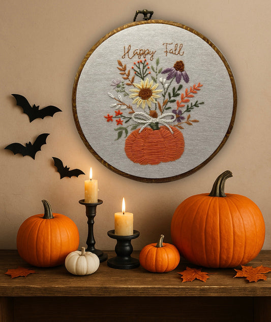 Pumpkin Flower Happy Fall Embroidery Kit – Beginner-Friendly Autumn Needlepoint Floral Art for Home Decor