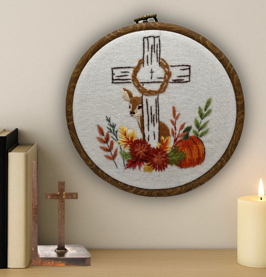 Fall Cross Embroidery Kit – 6” Christian Hoop Art with Deer, Autumn Flowers & Pumpkin | Beginner Fall Home Decor