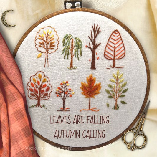 8” Autumn Trees Embroidery Pattern PDF – Beginner-Friendly Fall Hand Stitch Design