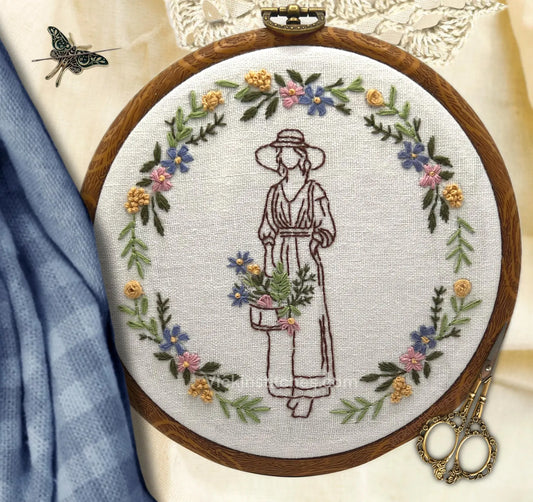 Beginner's Embroidery Kit: English Garden Lady with Floral Wreath