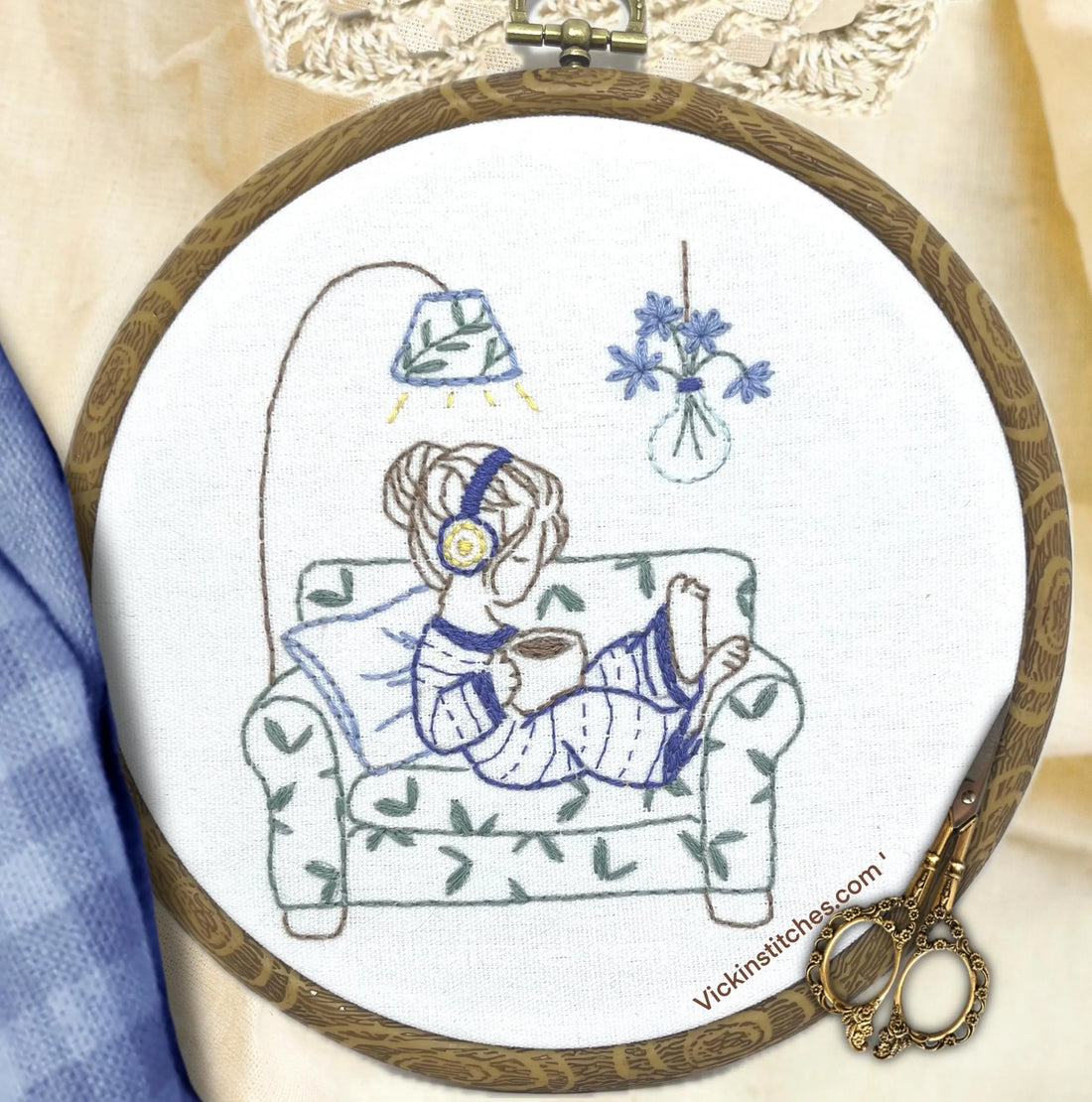 Girl with Coffee embroidery,