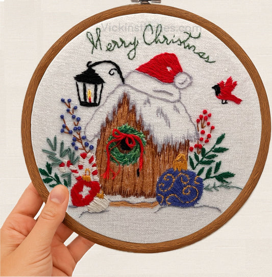 Merry Christmas Embroidery Kit – Cardinal Birdhouse Holiday Design | Vicki N Stitches