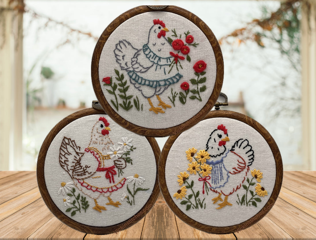 3-Piece Chicken Hand Embroidery Pattern – Farmhouse Hen Wall Art for Beginners