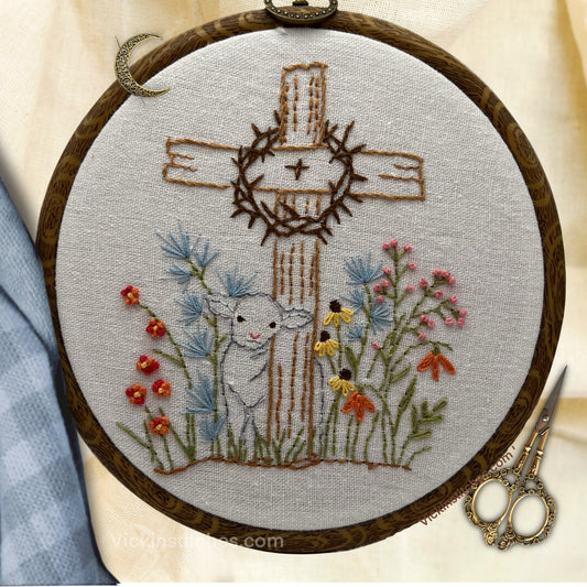 He Is Risen Easter Embroidery Pattern PDF – Christian Cross & Lamb Design