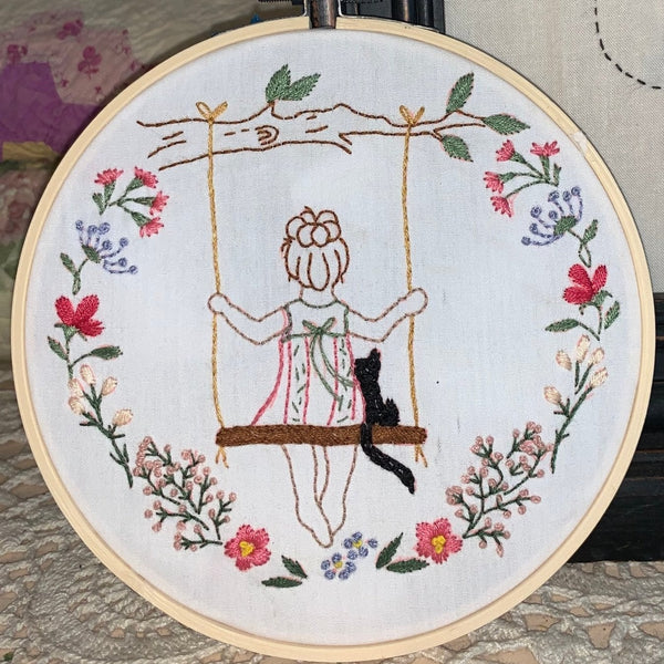 Girl on a Tree Swing with Cat Embroidery Kit