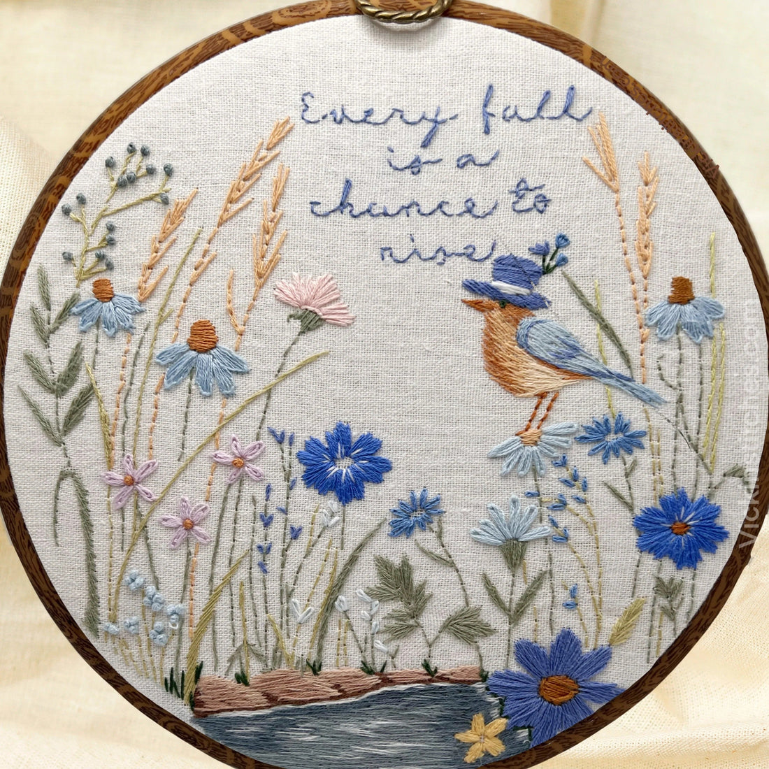 Bluebird Pond Embroidery Kit – Beginner-Friendly Floral DIY with Uplifting Quote