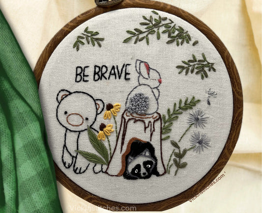 Be Brave Woodland Animal Embroidery Pattern PDF – Bear, Raccoon & Bunny Design