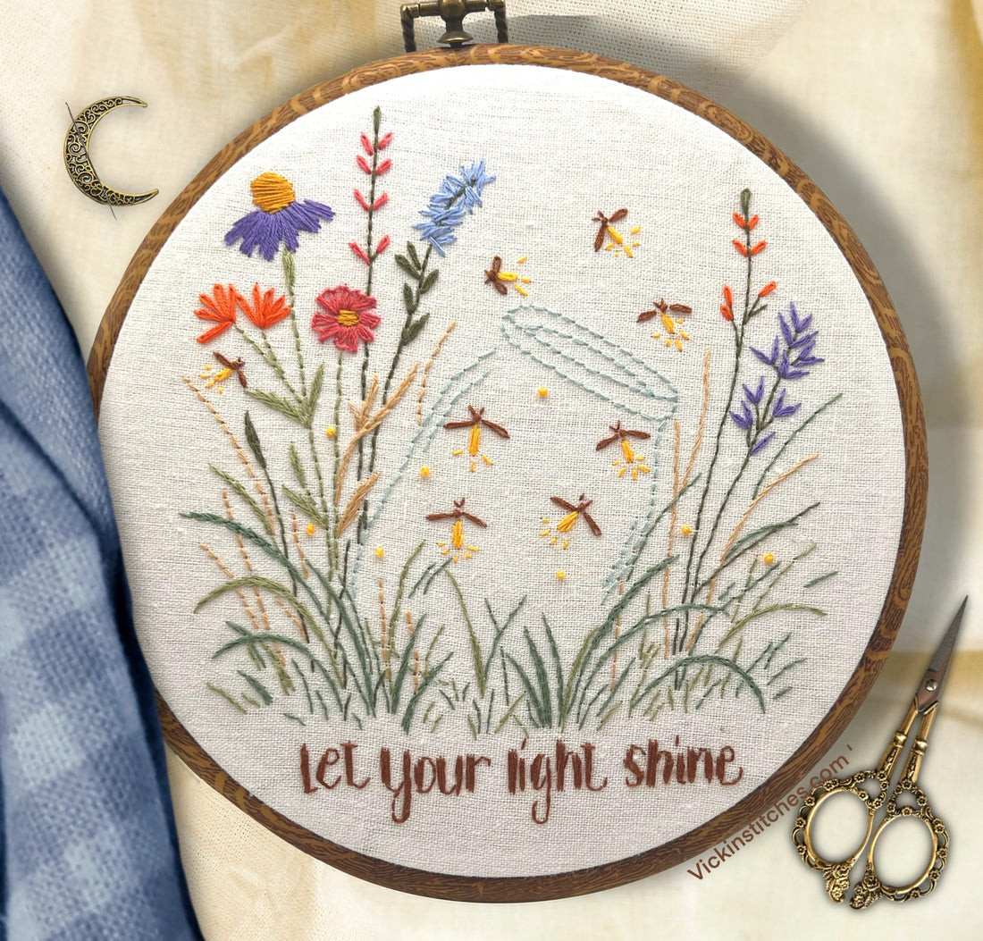 Let Your Light Shine – Firefly & Wildflower 8” Embroidery Pattern | DIY Hand Stitch Design