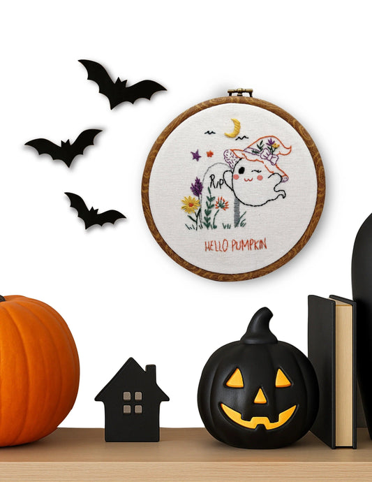 Hello Pumpkin Halloween Embroidery Kit – Cute Ghost & Witch Hat Fall DIY Craft (6” Hoop)