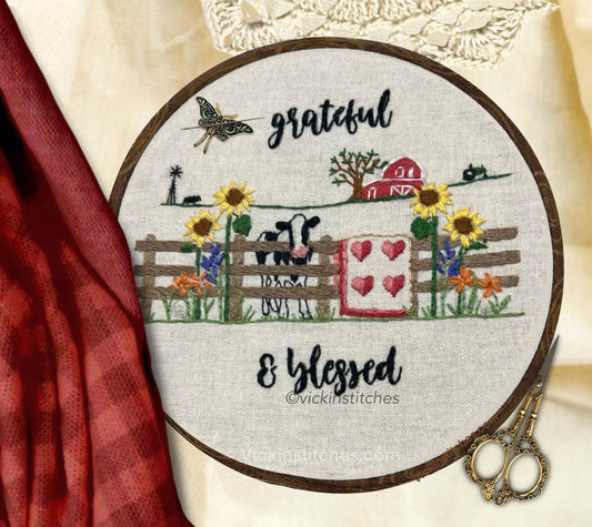 Grateful & Blessed 6″ American Farm Embroidery Pattern – PDF Download