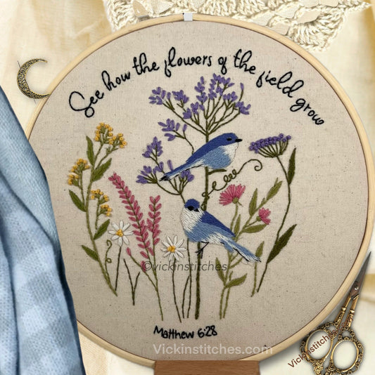 Blue Birds & Wildflowers Christian Embroidery Kit – 8″ Faith-Inspired Beginner Sampler