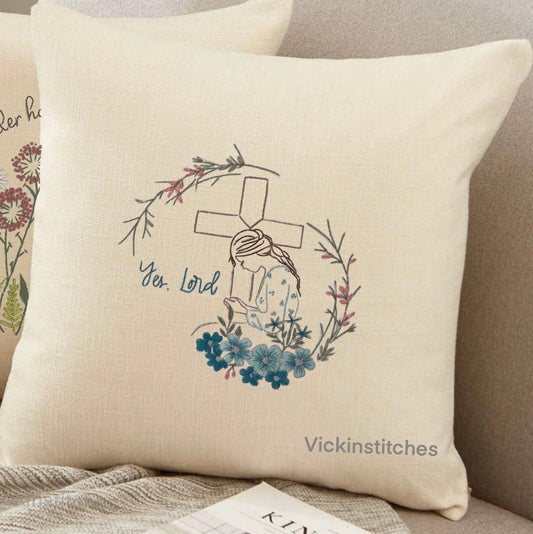 Floral Cross Praying Woman Embroidery Pillow Kit – Peaceful DIY for Beginners