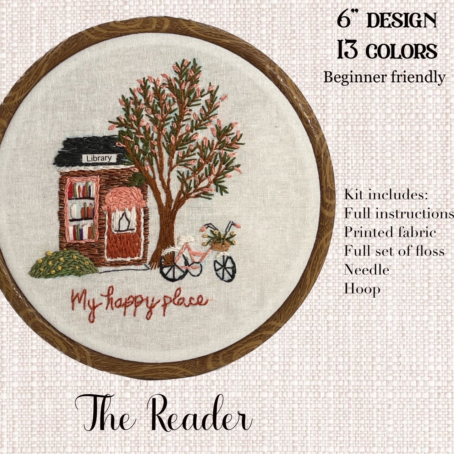 6" The reader, Book Lover Library Embroidery Kit