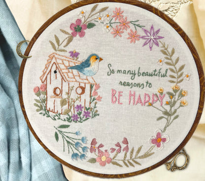 Wildflower birdhouse Beginner embroidery kit, easy to learn, wildflower bouquet, Christian embroidery design. Floral wreath embroidery