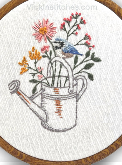 Beginner floral embroidery kit, wildflowers in a watering can with bird embroidery, wildflower bouquet, Christian embroidery design. Home