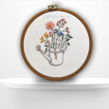 Beginner floral embroidery kit, wildflowers in a watering can with bird embroidery, wildflower bouquet, Christian embroidery design. Home