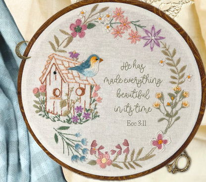 Wildflower birdhouse Beginner embroidery kit, easy to learn, wildflower bouquet, Christian embroidery design. Floral wreath embroidery