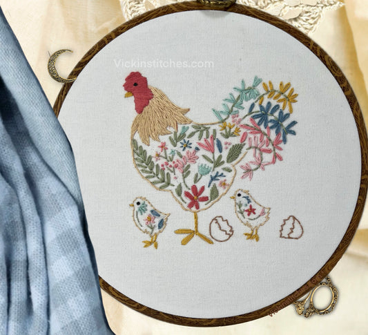 8" Chicken Family Hand Embroidery Pattern PDF Download