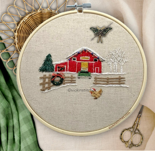Christmas Barn embroidery kit for beginners. Barn, pickup truck, chicken holiday Embroidery Kit