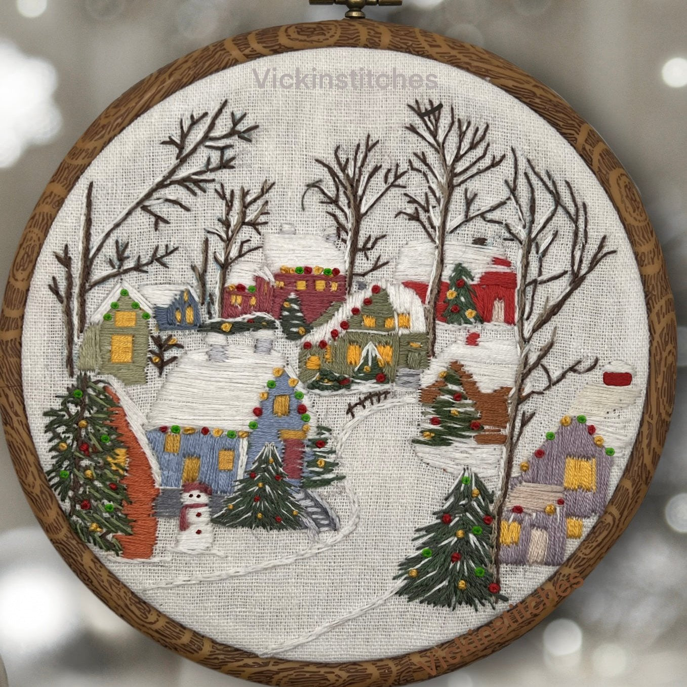 Christmas holiday winter village embroidery kit.