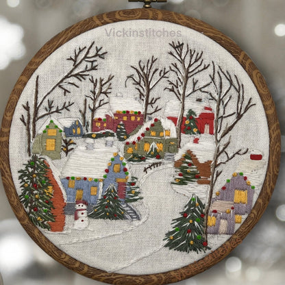 Christmas holiday winter village embroidery kit.