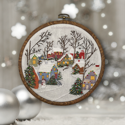 Christmas holiday winter village embroidery kit.