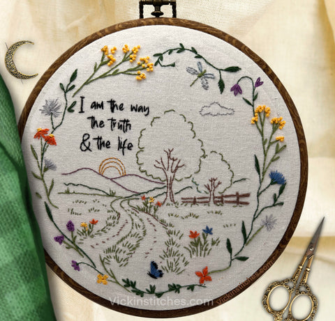 I Am the Way” Embroidery Kit – Scenic Scripture Garden Path Design – Hand Embroidery Pattern with Floral Border & Bible Quote DIY Wall Art