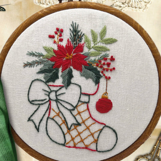 Christmas Embroidery kit. Christmas flowers, poinsettia. Holiday stocking