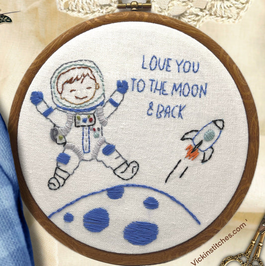 Love you to the moon and back astronaut hand embroidery kit. Embroidery Gift for boy.  Moon, space NASA wall decor. Needlepoint galaxy diy.