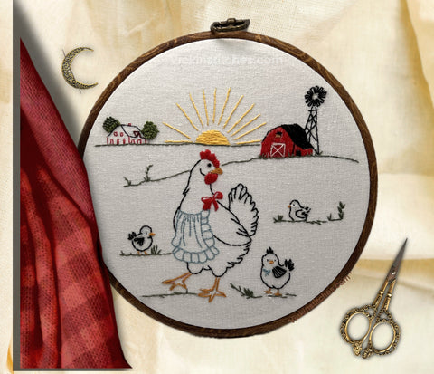 Farmyard chicken Sunrise Embroidery Kit – Hen & Chickens with Barn, Windmill, and Countryside Scene for beginners