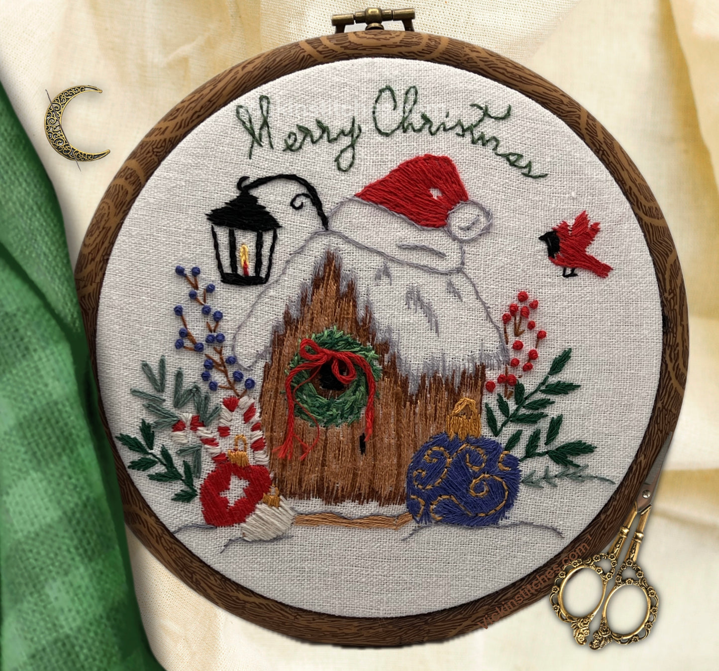 Christmas embroidery kit birdhouse and cardinal . Hand embroidery for Christmas diy craft kit. Christmas birdhouse .,