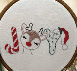 Joy holiday Christmas embroidery kit. Reindeer Santa hat needlepoint diy stitch kit  6” beginner kit wall decor. rudolph