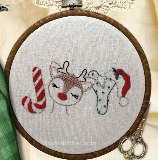 Joy holiday Christmas embroidery kit. Reindeer Santa hat needlepoint diy stitch kit  6” beginner kit wall decor. rudolph