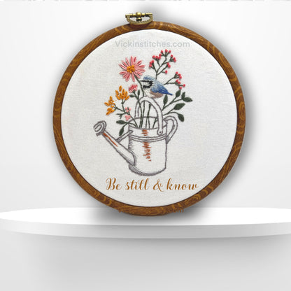 Beginner floral embroidery kit, wildflowers in a watering can with bird embroidery, wildflower bouquet, Christian embroidery design. Home