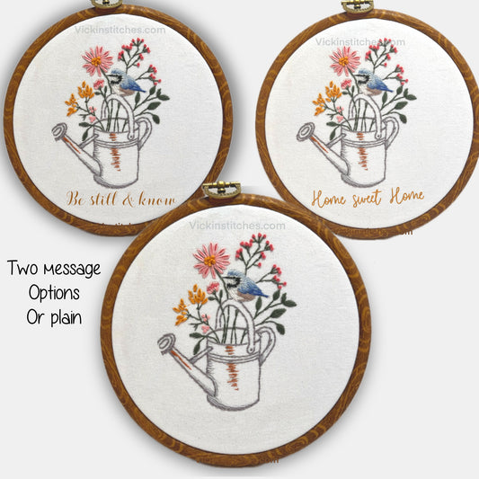 Beginner floral embroidery kit, wildflowers in a watering can with bird embroidery, wildflower bouquet, Christian embroidery design. Home