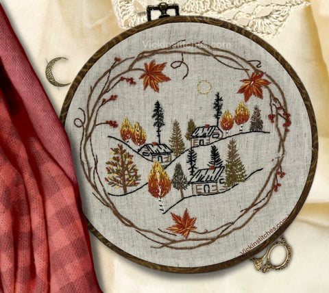8" Autumn Cabin in the Woods Forest Embroidery Kit