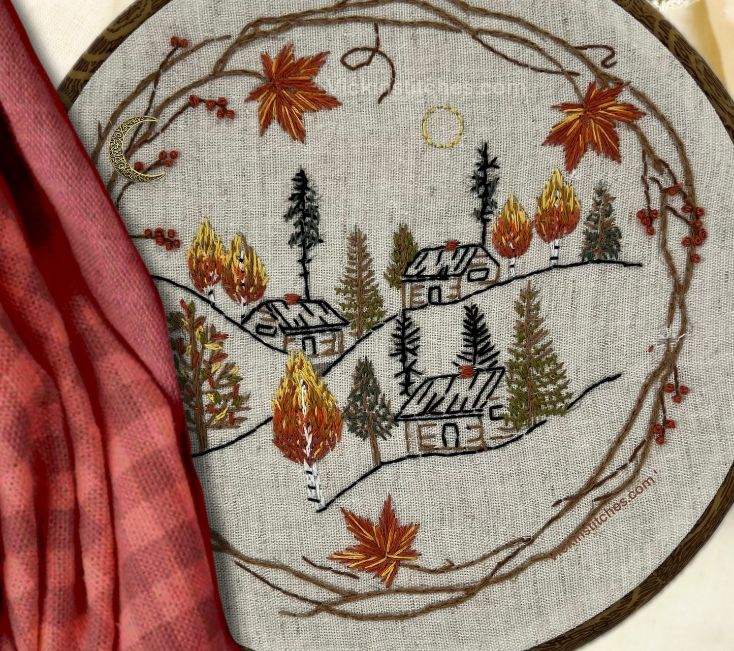 8" Autumn Cabin in the Woods Forest Embroidery Kit