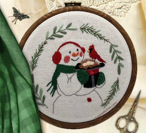 Christmas snowman  Embroidery Kit with cardinal  wall decor for beginners.