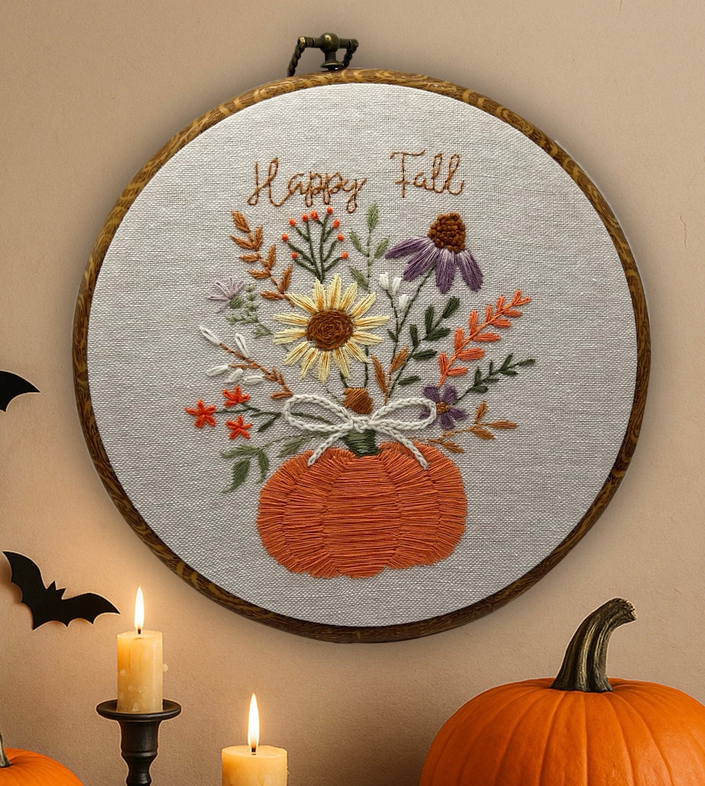 Pumpkin Flower Happy Fall Embroidery Kit – Beginner-Friendly Autumn needlepoint floral Art for Home Decor