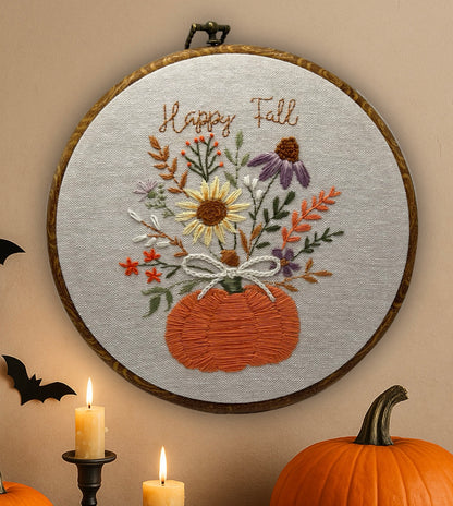 Pumpkin Flower Happy Fall Embroidery Kit – Beginner-Friendly Autumn needlepoint floral Art for Home Decor
