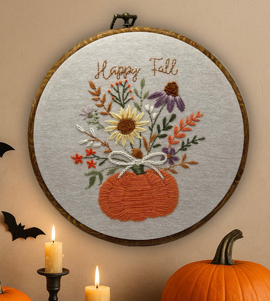 Pumpkin Flower Happy Fall Embroidery pattern pdf – Beginner-Friendly Autumn needlepoint floral Art for Home Decor