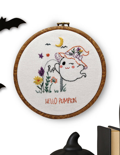 Hello Pumpkin Halloween Embroidery Pattern– 6” Ghost Witch Hat DIY Fall Craft | Beginner Friendly Modern Hand Embroidery for October Decor