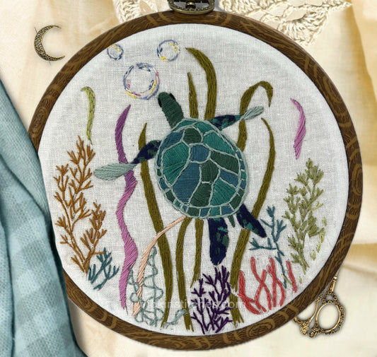 sea turtle embroidery kit for beginners, under water sea life embroidery