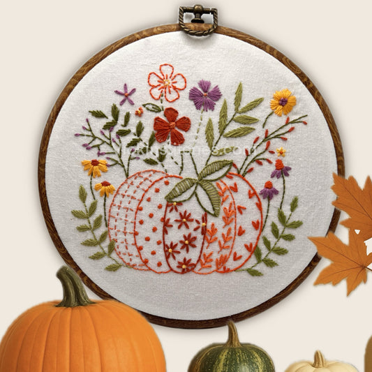 “Floral Pumpkin Embroidery Pattern PDF – 8” Autumn Hand Embroidery Pattern for Beginners | Cozy Fall Hoop Art DIY Craft”