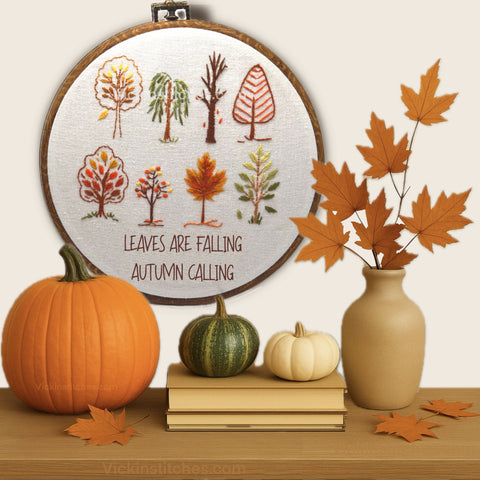 8” Autumn Trees Embroidery Kit – Beginner Hand Stitch Pattern for Fall Wall Decor Autumn leaves