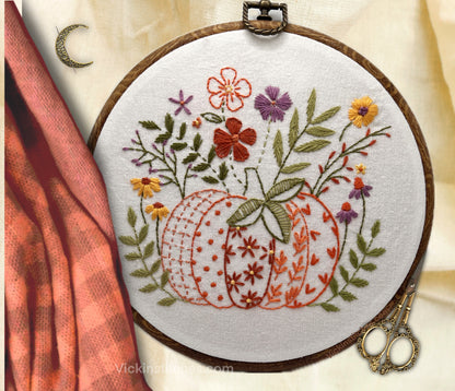 “Floral Pumpkin Embroidery Pattern PDF – 8” Autumn Hand Embroidery Pattern for Beginners | Cozy Fall Hoop Art DIY Craft”