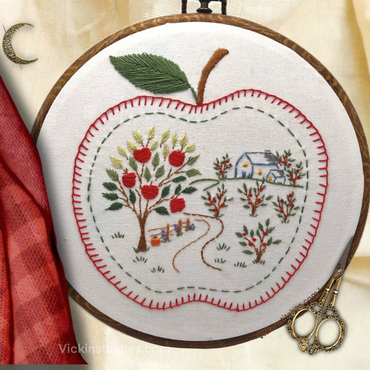 Fall Apple Orchard 8” Embroidery Pattern PDF Download for beginners. Fall Apple trees landscape scenic embroidery