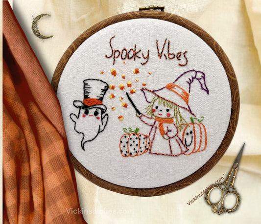 “Spooky Vibes Halloween Witch & Ghost Embroidery pattern PDF Fall Pumpkin Design”