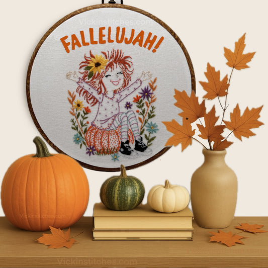 Fallelujah Autumn Girl Embroidery Pattern PDF | Pumpkin & Fall Flowers Hand Embroidery Design
