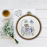 Girl with Coffee embroidery kit for beginners, headphones, fun simple embroidery